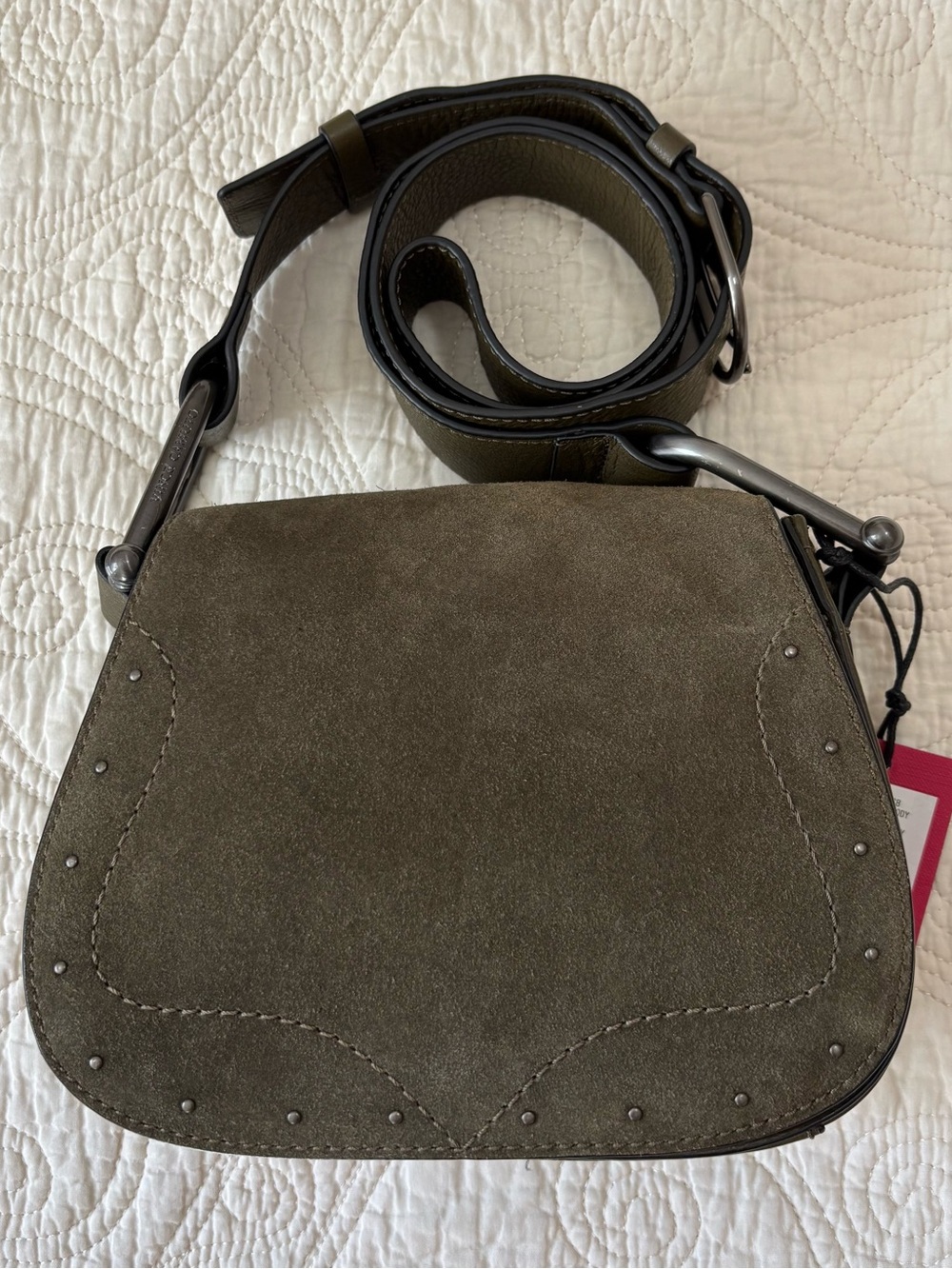 New Vince Camuto Tal crossbody bag genuine suede leather saddle bag olive green